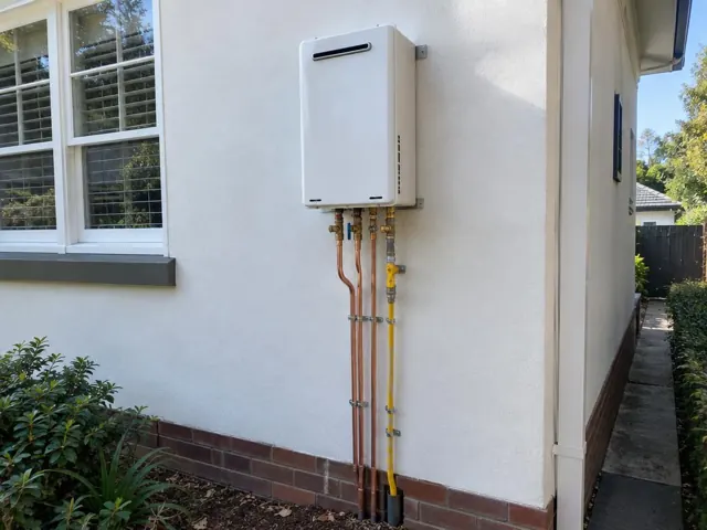 Wall-mounted hot water unit with copper and yellow gas pipework on a white exterior wall in Pymble