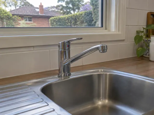Chrome kitchen tap above a stainless sink with tiled splashback and wooden benchtop in Pymble